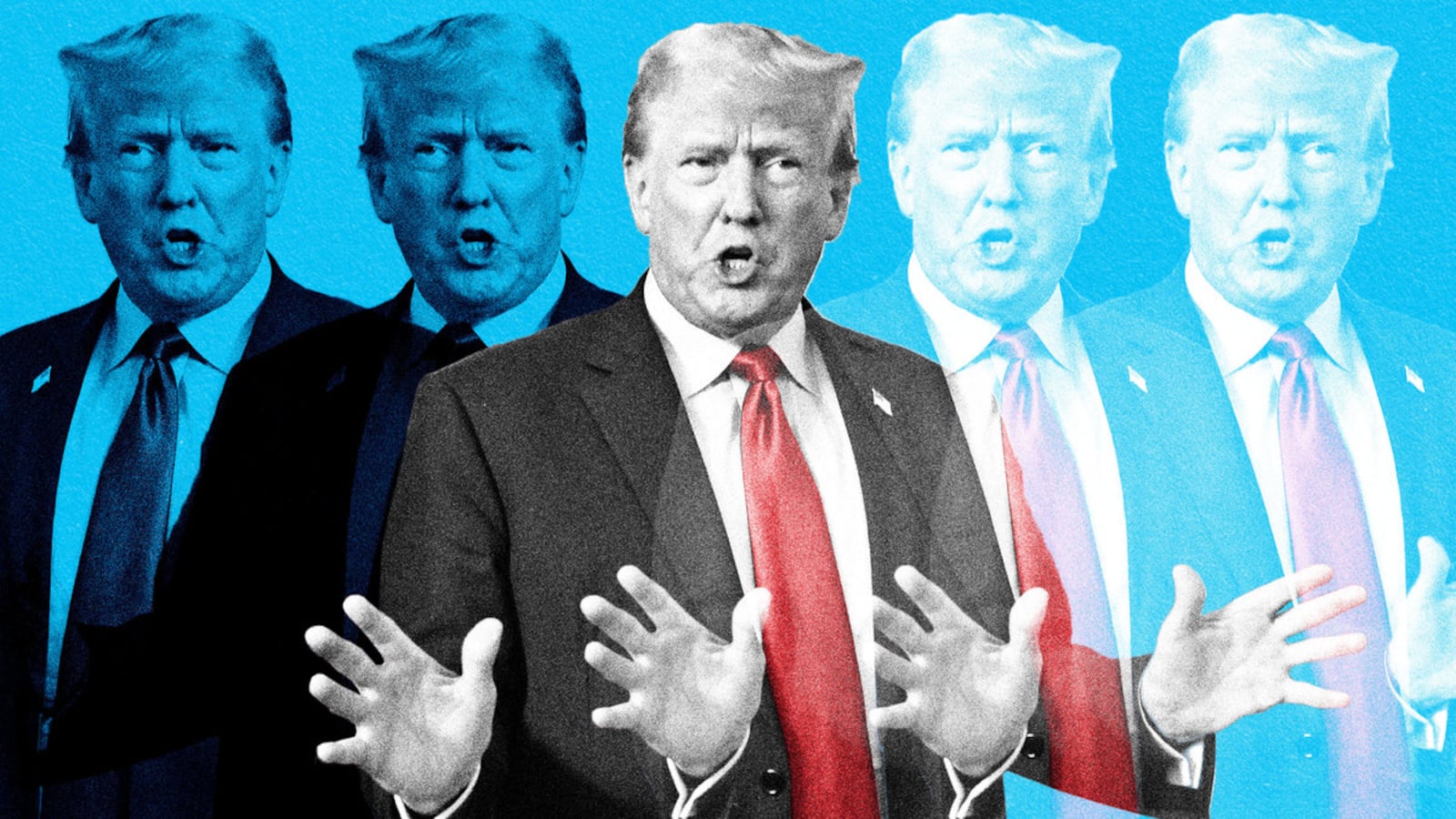 A photo illustration of Donald Trump with his hands out