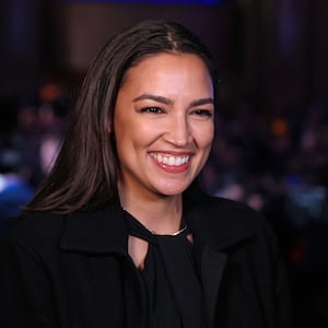 US Representative Alexandria Ocasio-Cortez celebrates New York City Mayoral candidate Zohran Mamdani's victory during an election night event at the Brooklyn Paramount Theater in Brooklyn, New York on November 4, 2025. (Photo by ANGELA WEISS / AFP) (Photo by ANGELA WEISS/AFP via Getty Images)