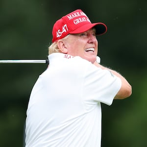 BEDMINSTER, NEW JERSEY - AUGUST 10: Former President Donald Trump follows his tee shot on the 3rd tee during the pro-am prior to the LIV Golf Invitational - Bedminster at Trump National Golf Club on August 10, 2023 in Bedminster, New Jersey. (Photo by Mike Stobe/Getty Images)