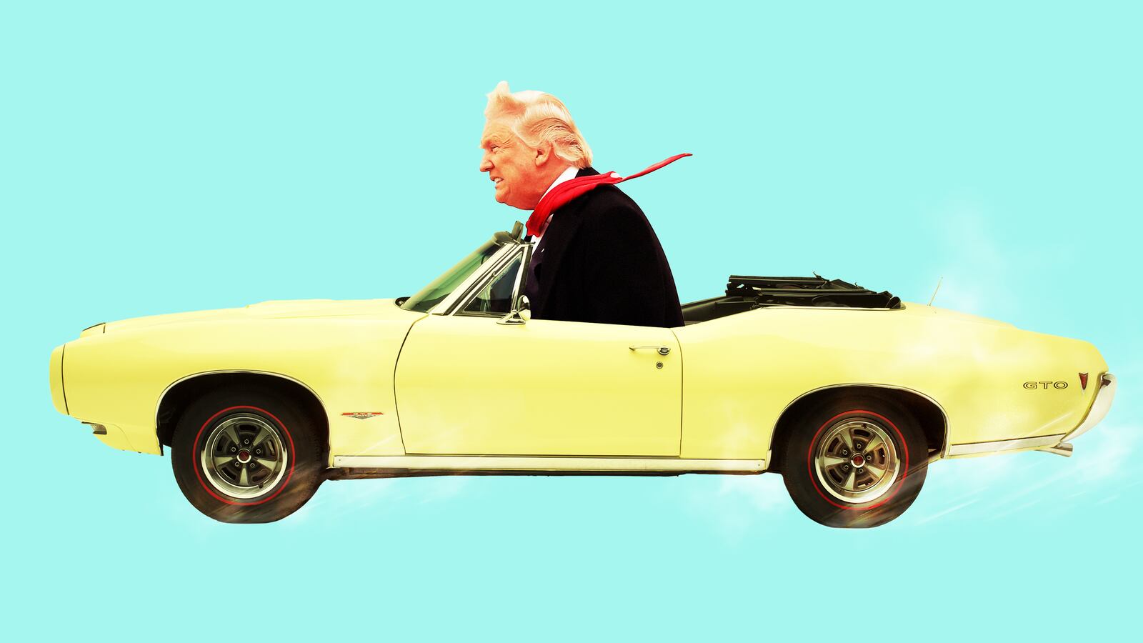 A photo illustration of Trump driving a convertible