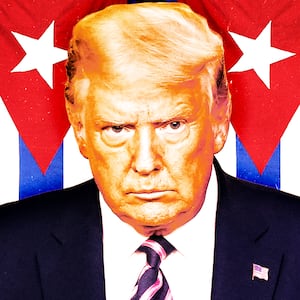 A photo illustration of Donald Trump in front of Cuban flags.