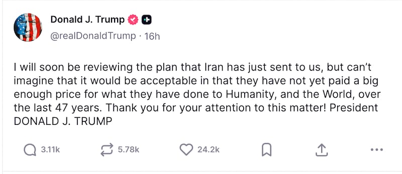 Donald Trump Truth Social post about Iran War