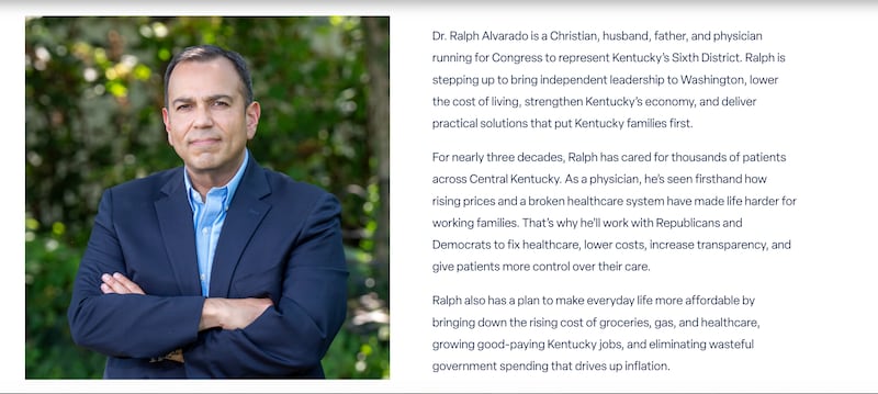 The top of the "Meet Ralph" section on the newer version of Alvarado's website as of August 25,