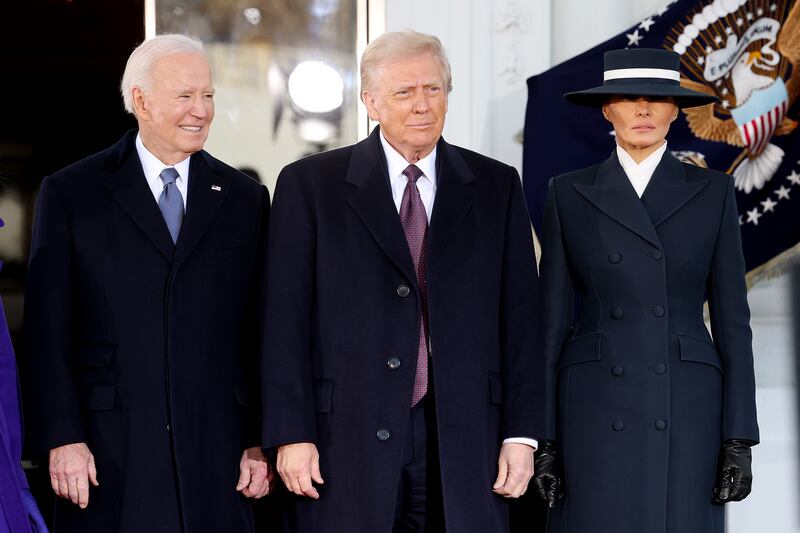 President Joe Biden welcomes U.S. President-elect Donald Trump and Melania Trump to the White House ahead of his inauguration on January 20, 2025.