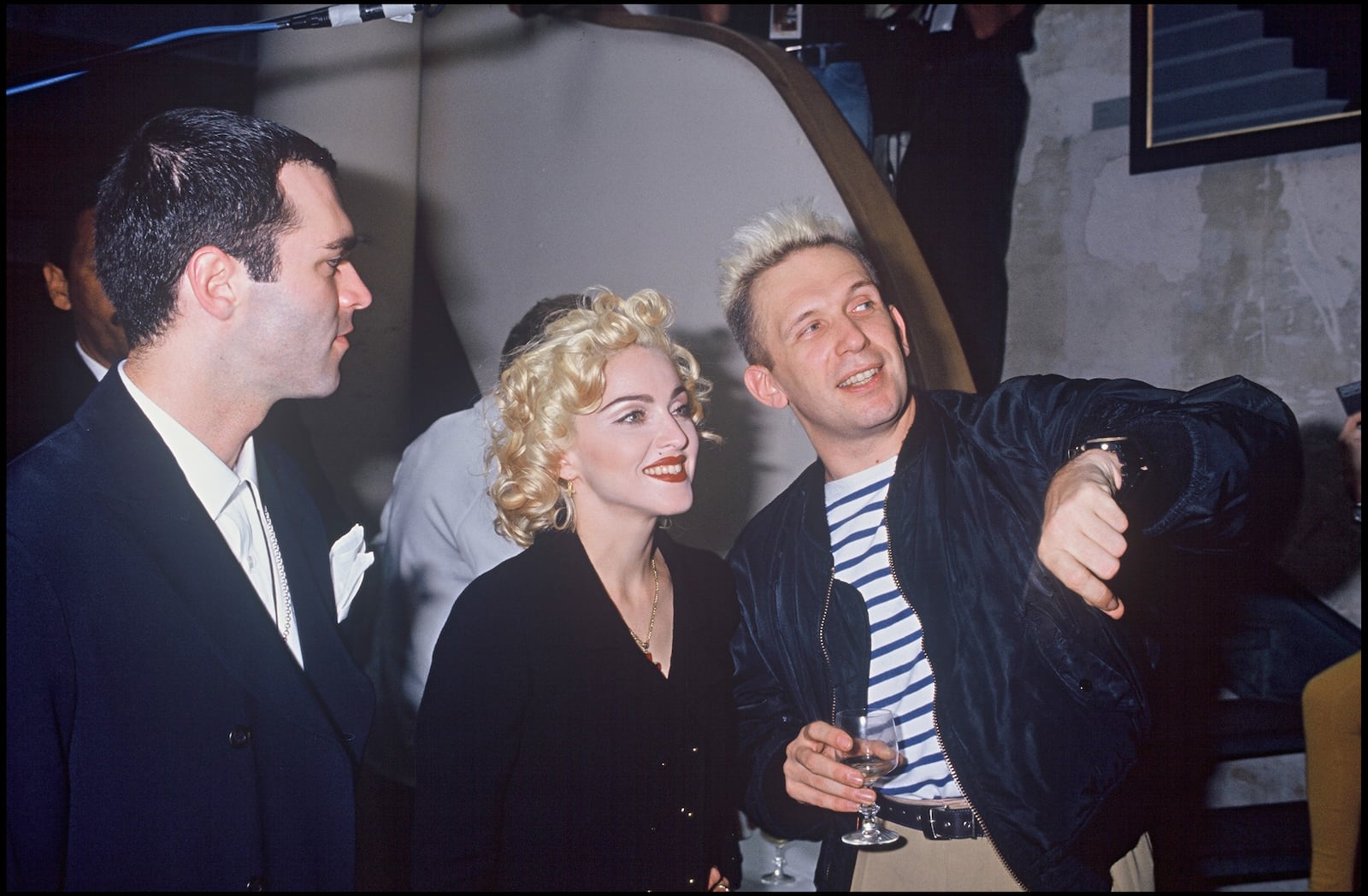 Madonna standing between her brother, Christopher Ciccone (L), and designer Jean Paul Gaultier in Paris in 1990.