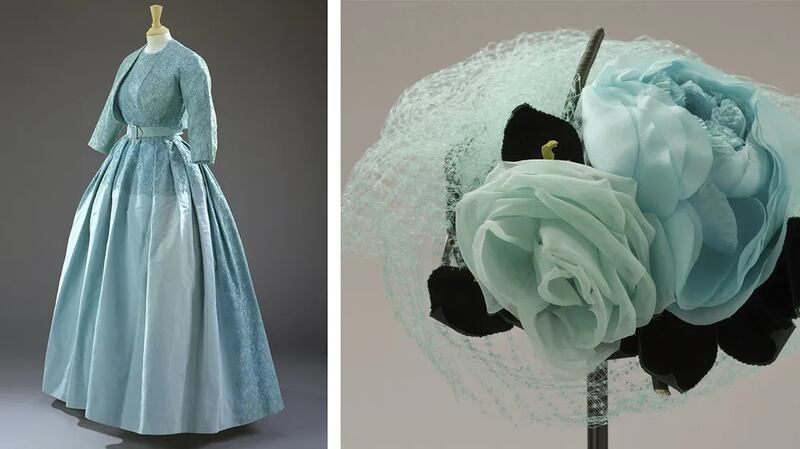 Left: Ensemble worn for the wedding of Princess Margaret, Norman Hartnell, 1960. Right: Hat worn for the wedding of Princess Margaret, Claude St Cyr, 1960.