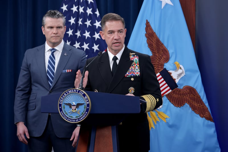 ARLINGTON, VIRGINIA - APRIL 16:  U.S. Secretary of War Pete Hegseth listens as Adm. Brad Cooper, Commander of U.S. Central Command, speaks during a press briefing at the Pentagon on April 16, 2026 in Arlington, Virginia. The two spoke about the war between the United States and Israel against Iran as negotiations continue toward a longer-term agreement between the countries. (Photo by Alex Wong/Getty Images)