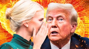 A photo illustration of Natalie Harp and Donald Trump.