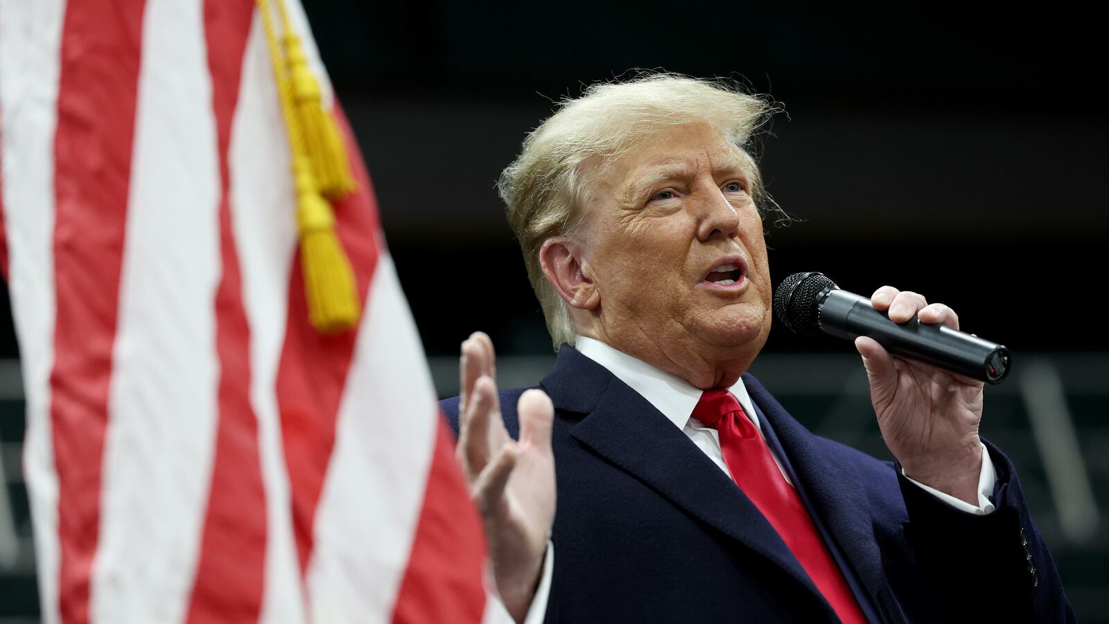 A photo of former President Donald Trump speaking to voters on January 15, 2024 in Clive, Iowa.