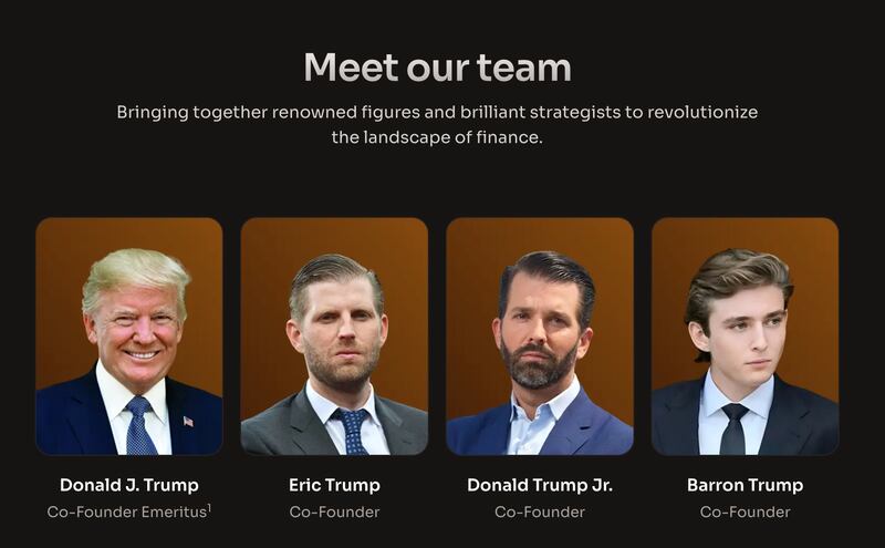 President Trump prominently displayed on the "Meet our team" page on the World Liberty Financial website.
