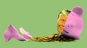 Donald Trump's head coming out of a broken piggy bank