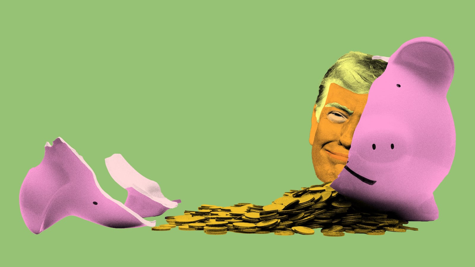 Donald Trump's head coming out of a broken piggy bank
