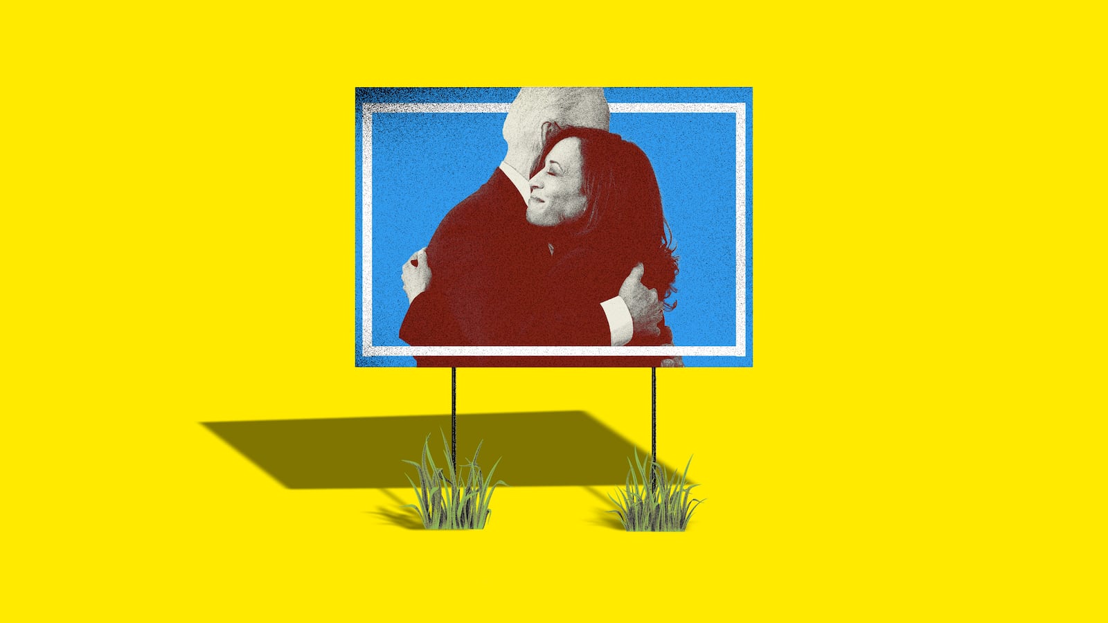 Photo illustration of Kamala Harris and Joe Biden hugging on a yard sign