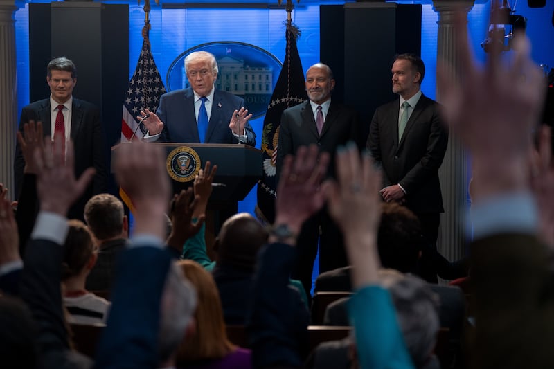 President Donald Trump speaks to reporters during a news conference on tariffs on Friday, Feb. 20, 2026, at the White House in Washington, D.C.