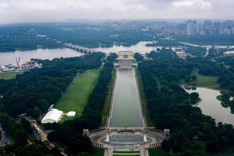 The Lincoln Memorial Reflecting Pool as seen from the Washington Monument on June 28, 2026 in Washington, DC. Fencing has been installed around the area after claims made by President Trump that vandalism was the cause of the damage.