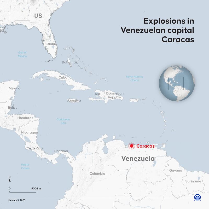 An infographic titled 'Explosions heard in Venezuelaâs capital amid US tensions: Reports' created in Ankara, Turkiye on January 03, 2026. Multiple strong explosions were heard in Venezuelaâs capital Caracas on Saturday amid rising tensions with the US, according to media reports.