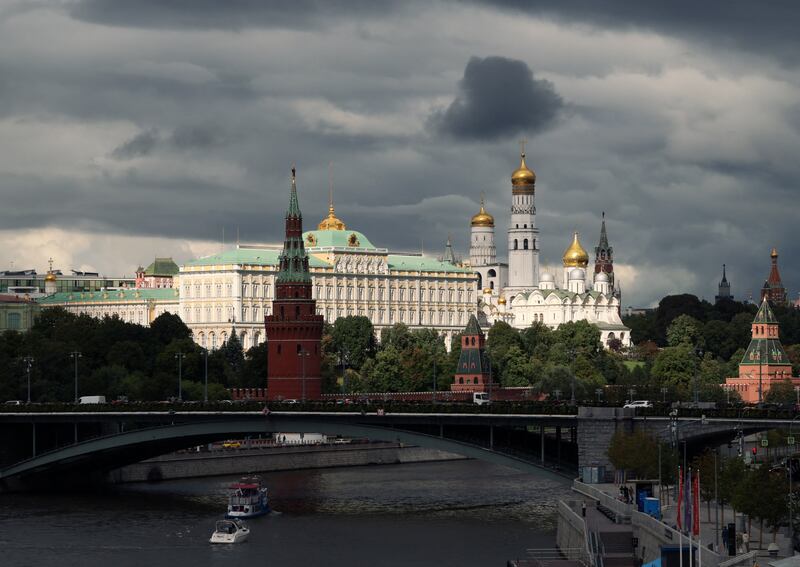 View of the Kremlin with backdrop of cloudy sky in Moscow, Russia August 26, 2026.