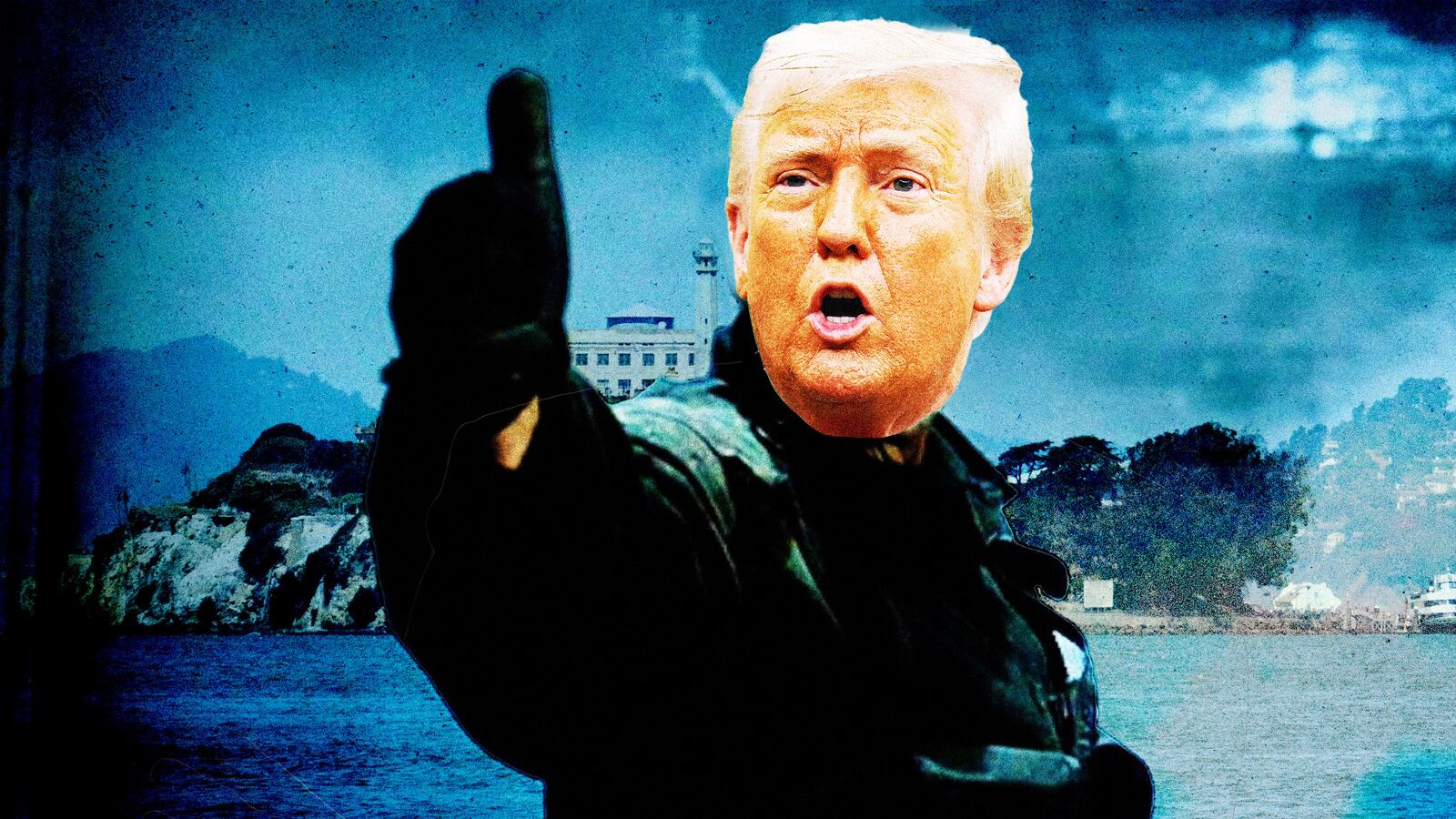 Donald Trump's head on Sean Connery's body from the movie The Rock in front of an image of Alcatraz