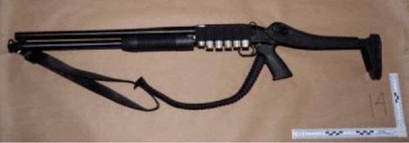 A shotgun carried by Cole Tomas Allen, the suspect in the shooting incident in Washington at the annual White House Correspondents' Association dinner, in this handout photo released by the U.S. Department of Justice in Washington, D.C., on April 27, 2026.