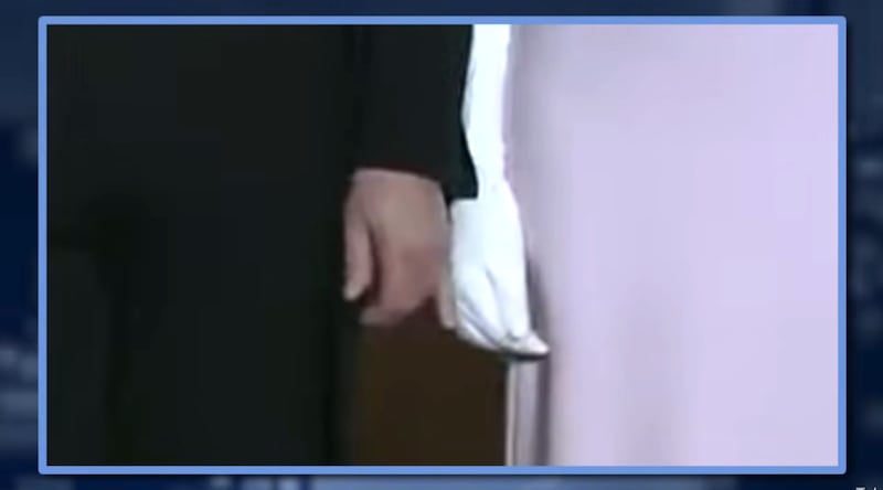 Jimmy Kimmel Live!, Kimmel zooms in on Trump pinky-touching Melania's hand at state dinner.