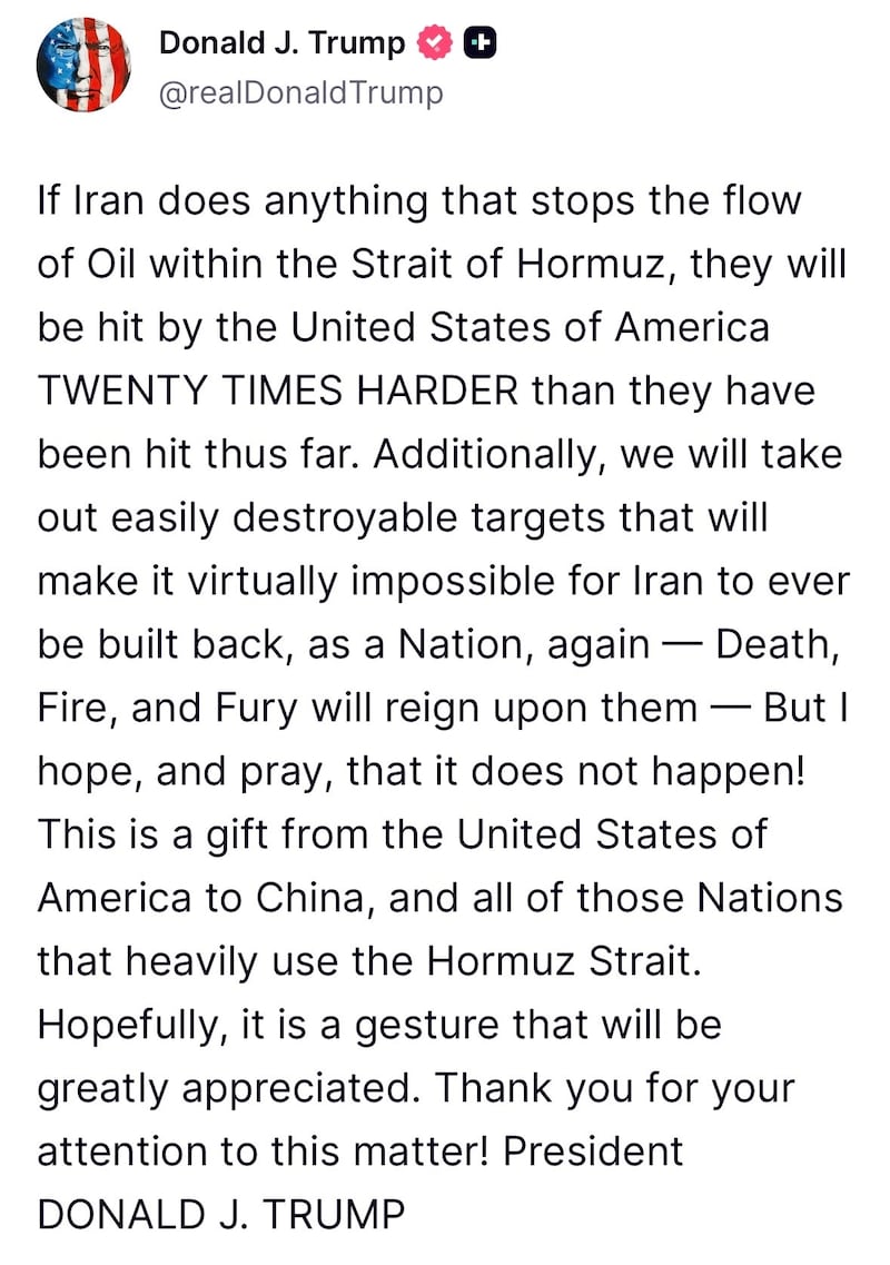 Trump rages at Iran on Truth Social.