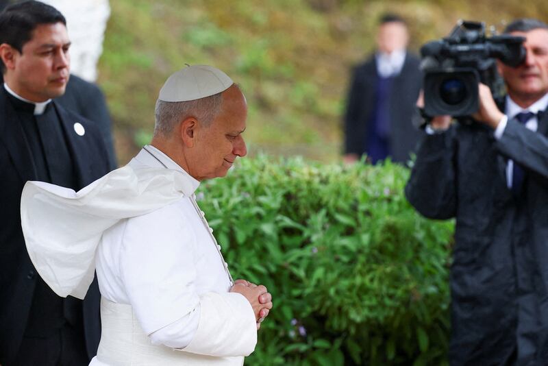 Pope Leo XIV prays during his visit to the archaeological site of Hippo Regius in Annaba, Algeria, April 14, 2026. REUTERS/Guglielmo Mangiapane     TPX IMAGES OF THE DAY