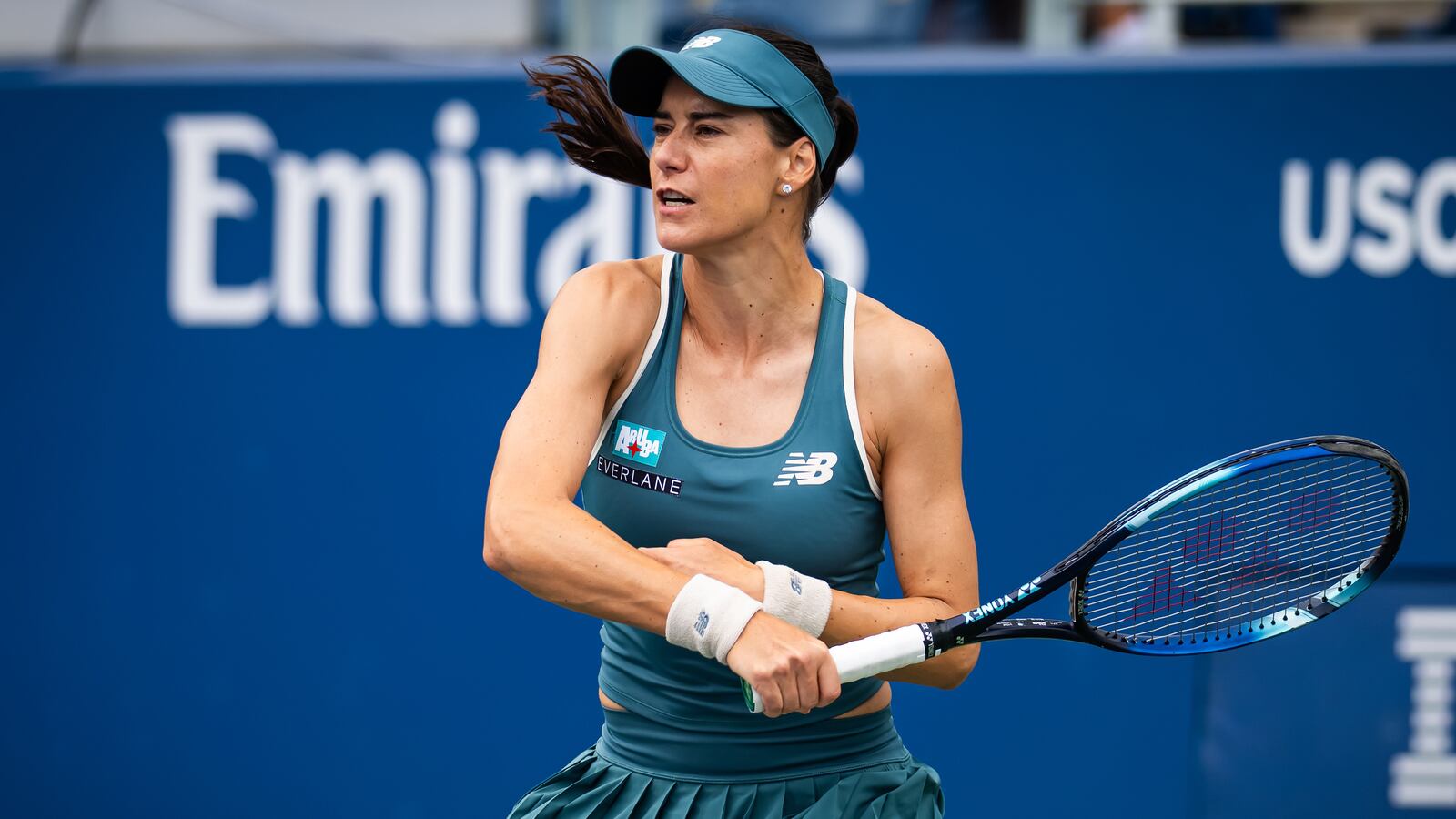 NEW YORK, NEW YORK - AUGUST 28: Sorana Cirstea of Romania in action against Karolina Muchova of the Czech Republic in the second round on Day 5 of the US Open at USTA Billie Jean King National Tennis Center on August 28, 2025 in New York City (Photo by Robert Prange/Getty Images)