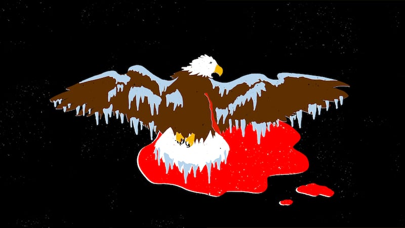 Illustration of a bald eagle that is dead, shot, and frozen in a puddle of blood
