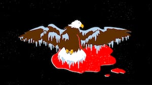 Illustration of a bald eagle that is dead, shot, and frozen in a puddle of blood