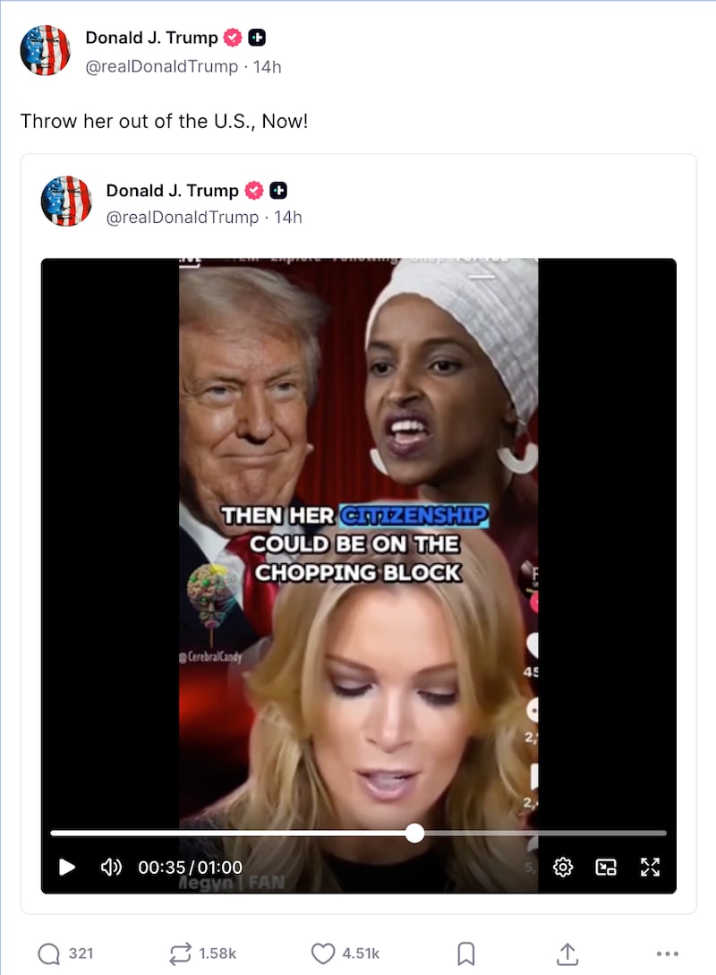 As part of his flurry of social media posts on Christmas, Trump called for Rep. Ilhan Omar to be deported.