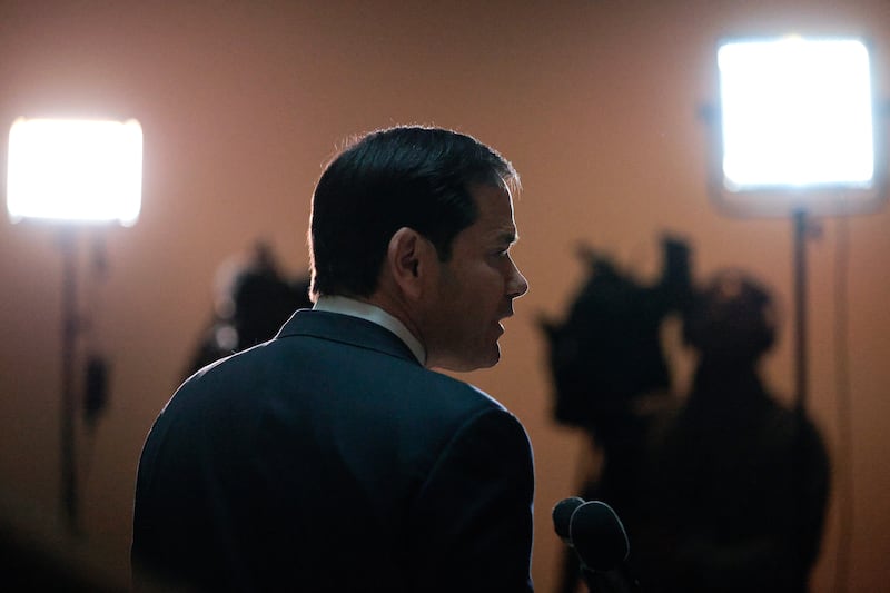 Secretary of State Marco Rubio talks to reporters at the U.S. Capitol before briefing leaders from the House of Representatives and the Senate, known as the 'Gang of 8.'