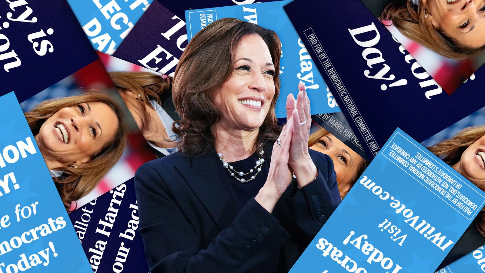 A photo illustration of Kamala Harris with her campaign's advertisements.