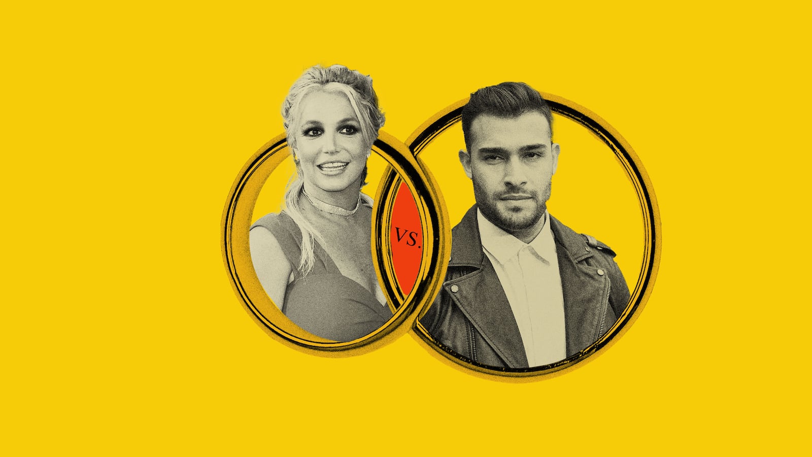 Photo illustration of Britney Spears and her soon to be ex-husband Sam Asghari collaged into wedding rings.