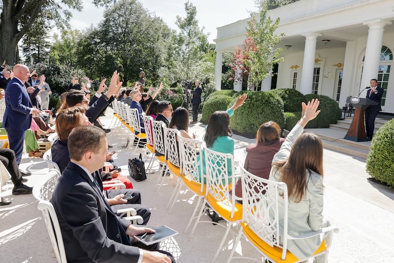 Members of the media ask questions as U.S. Attorney General Todd Blanche holds a press conference in the Rose Garden at the White House in Washington, D.C., U.S., September 15, 2026.