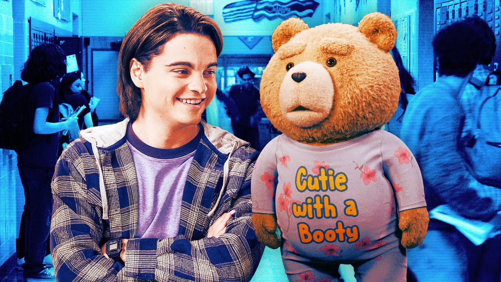 A photo illustration of Max Burkholder as John and Seth MacFarlane as voice of Ted.