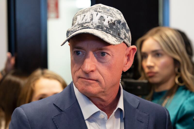 Sen. Mark Kelly (D-AZ) takes questions from press after a town hall at NOAH Cholla Health Center on March 17, 2025 in Scottsdale, Arizona.