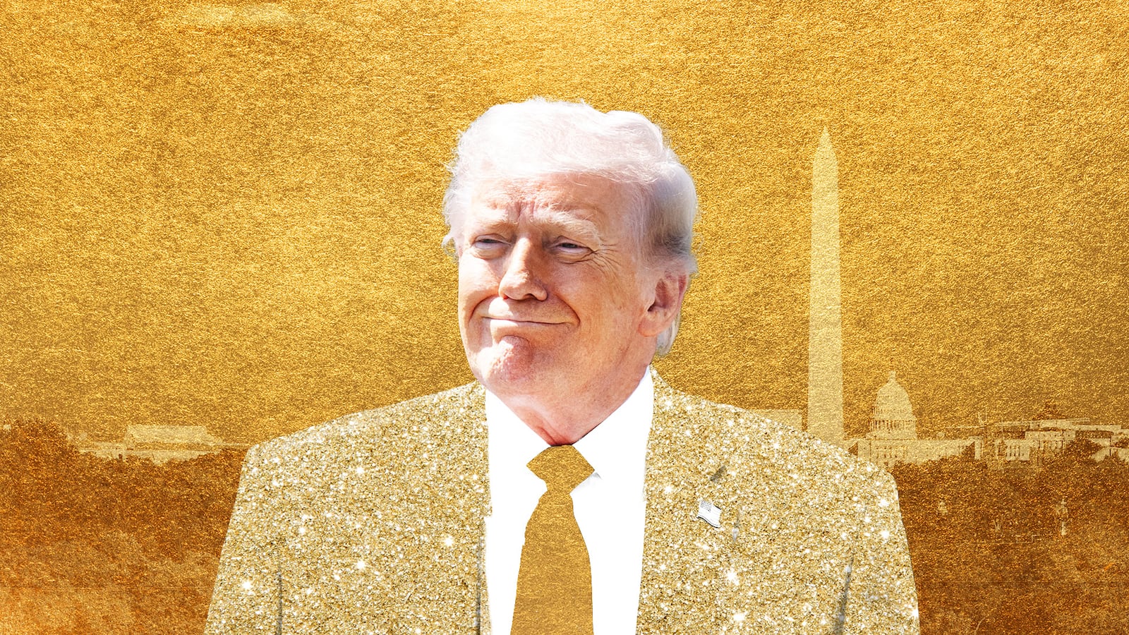 Donald Trump covers Washington D.C. in gold. illo illustration