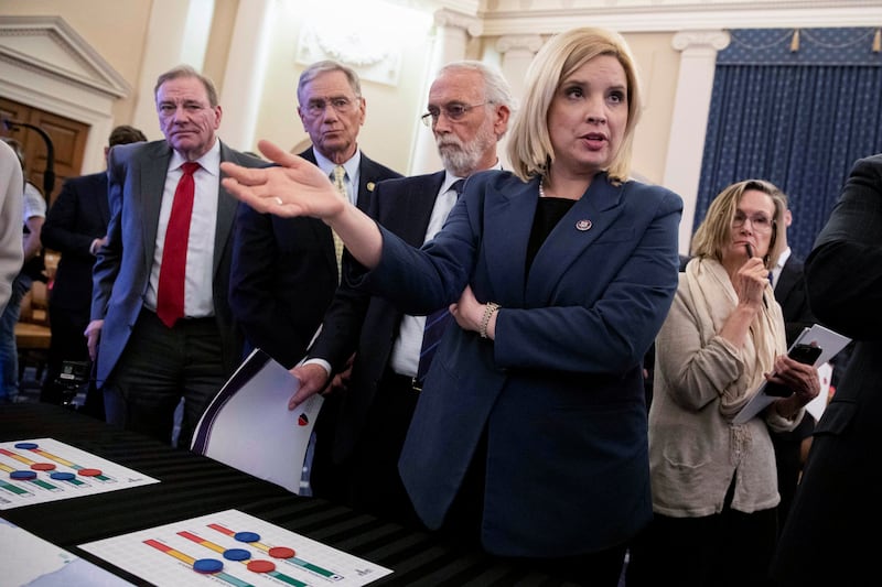 U.S. Rep. Ashley Hinson (R-IA) asks a question during a House Select Committee on the Strategic Competition Between the United States and the Chinese Communist Party meeting on "Taiwan Tabletop Exercise (TTX)," a war games simulation, on Capitol Hill in Washington, U.S., April 19, 2023. REUTERS/Amanda Andrade Rhoades