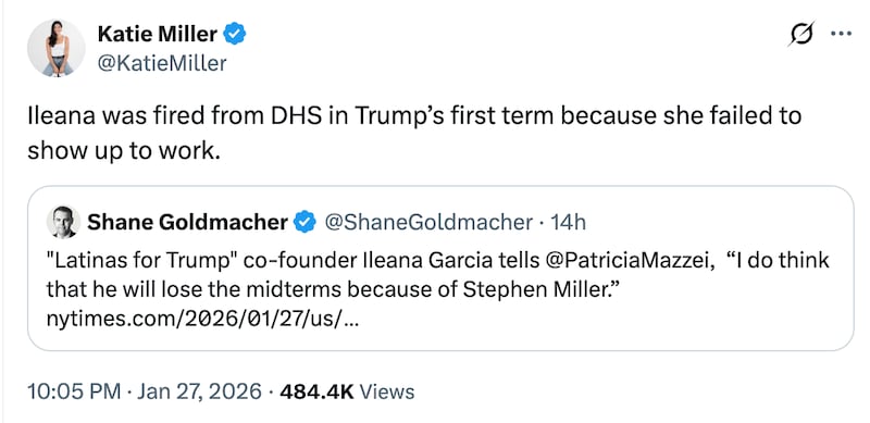 Katie Miller's post against Ileana Garcia.