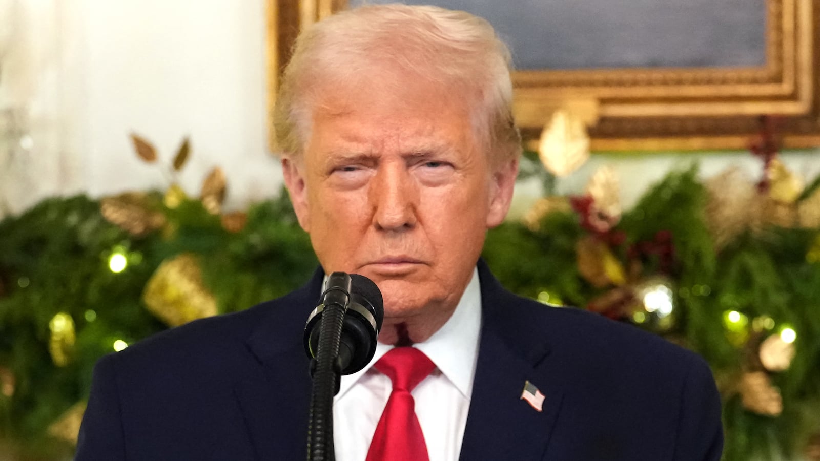 US President Donald Trump addresses the nation from the Diplomatic Reception Room of the White House in Washington, DC, on December 17, 2025.