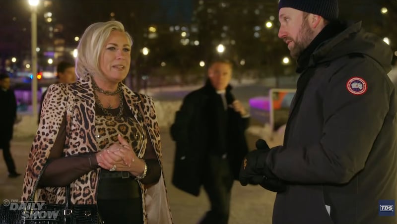 Jordan Klepper interviews moviegoers before a 'Melania' screening.