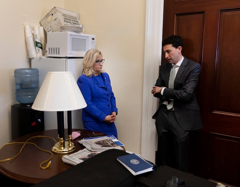 Then-Republican Rep. Liz Cheney with her communications director, Jeremy Adler, after losing her GOP leadership role to Rep. Elise Stefanik in 2021.