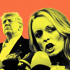 An illustration including photos of former U.S. President Donald Trump and Stormy Daniels