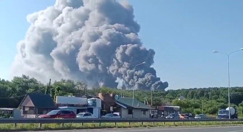 Smoke rises after a Ukrainian drone attack on a Wildberries warehouse, in Novosemeykino, Samara region, Russia, August 2, 2026.