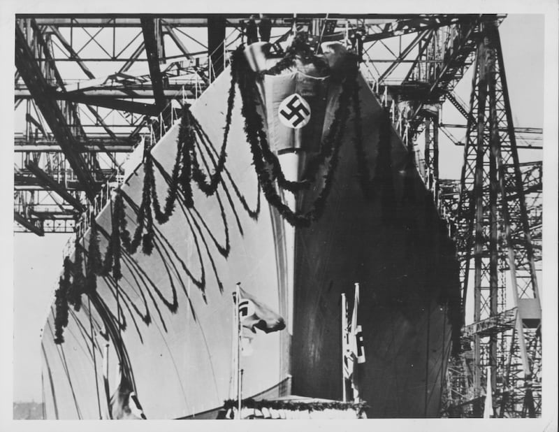 The German battleship 'Bismarck', at the ship's launching ceremony prior to World War Two, Germany, February 14th 1939.