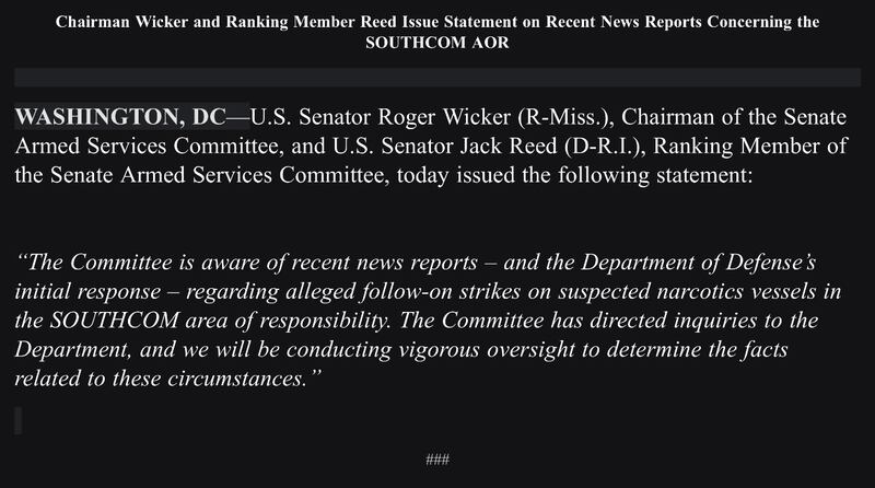 SASC Statement promising vigorous oversight into Hegseth's drug boat strikes.