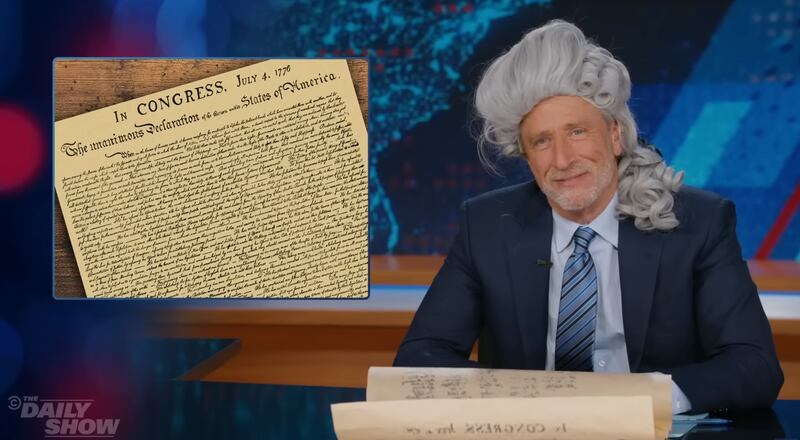 The Daily Show, Jon Stewart in a wig reading the Constitution.