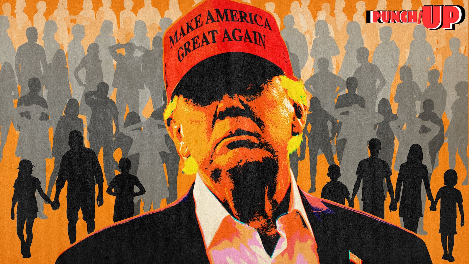 A photo illustration illo of Donald Trump and silhouettes of people for PunchUp substack.