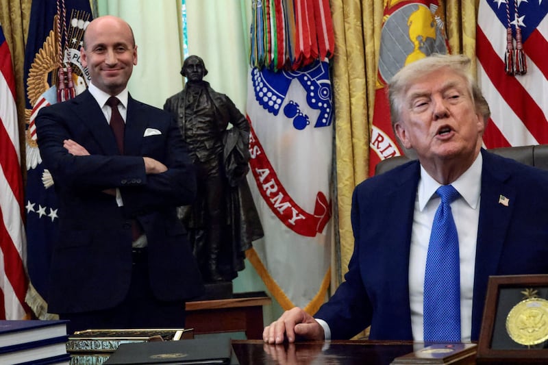 U.S. President Donald Trump, with White House Deputy Chief of Staff Stephen Miller, speaks during an event to sign executive orders related to birthright citizenship and the polysilicon industry, in the Oval Office at the White House in Washington, D.C., U.S., August 6, 2026.