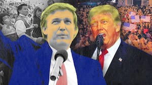 A photoillustration illo of Donald Trump at Trump Taj Mahal during his birthday party on June 26, 1990, and Donald Trump speaking during a rally to kick off the Great American State Fair on the National Mall on June 24, 2026 in Washington, DC.